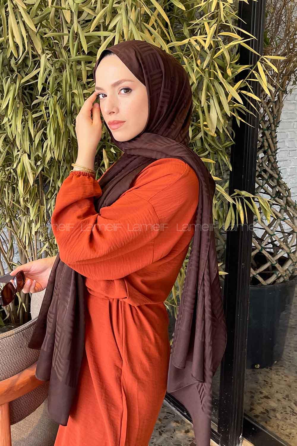 Lamelif Kibrit Desen Jakar Şal Acı Kahve