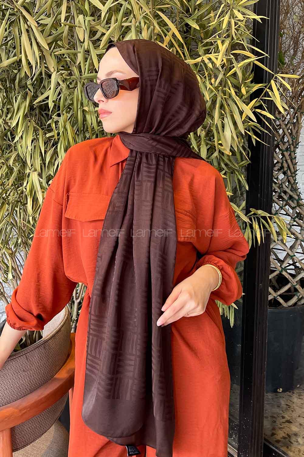 Lamelif Kibrit Desen Jakar Şal Acı Kahve