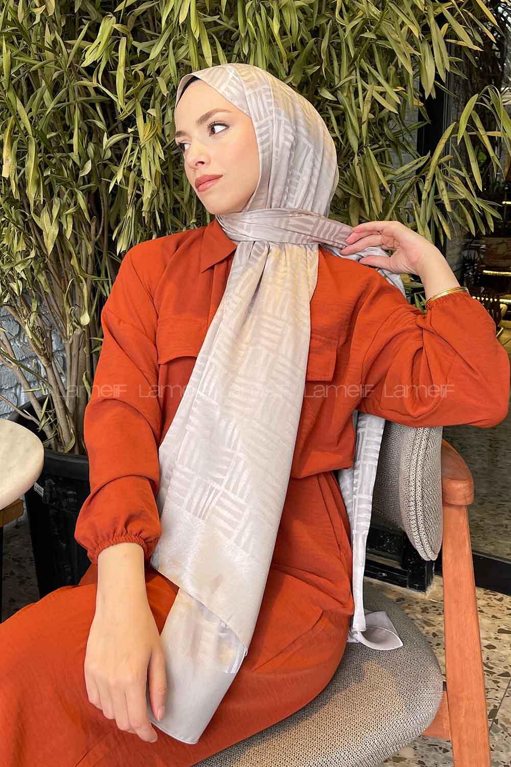 Lamelif Kibrit Desen Jakar Şal Açık Vizon