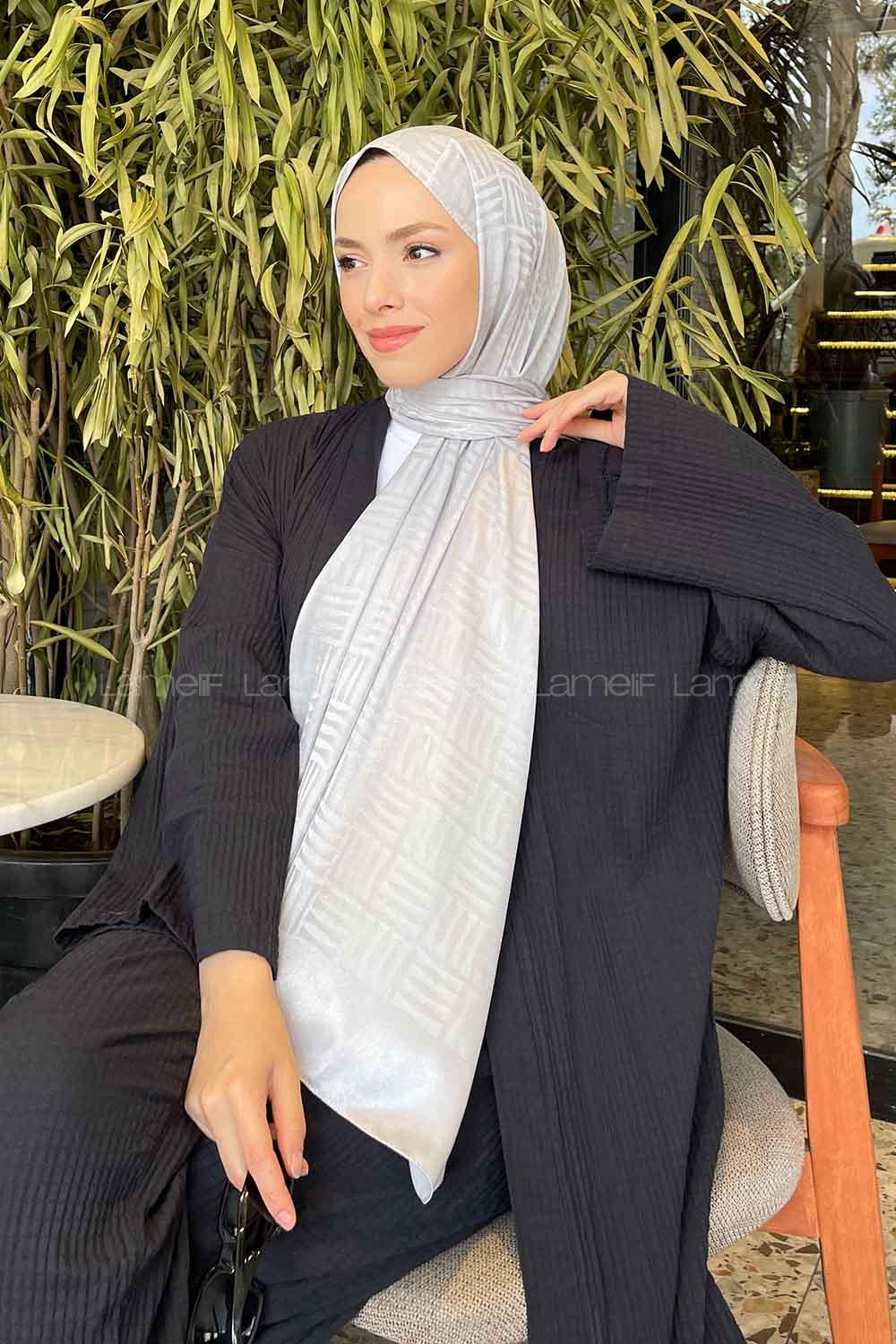 Lamelif Kibrit Desen Jakar Şal Gümüş Gri