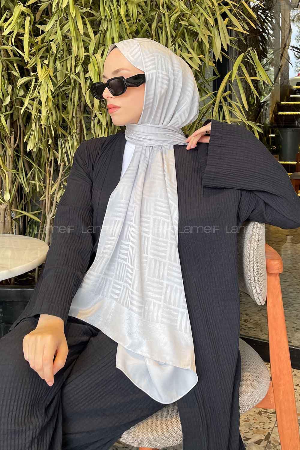 Lamelif Kibrit Desen Jakar Şal Gümüş Gri