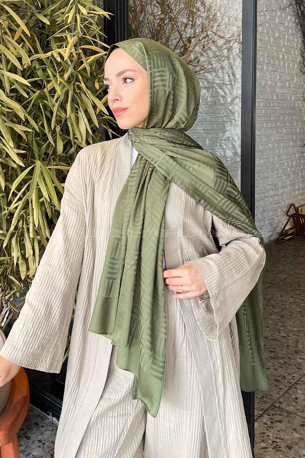 Lamelif Kibrit Desen Jakar Şal Haki