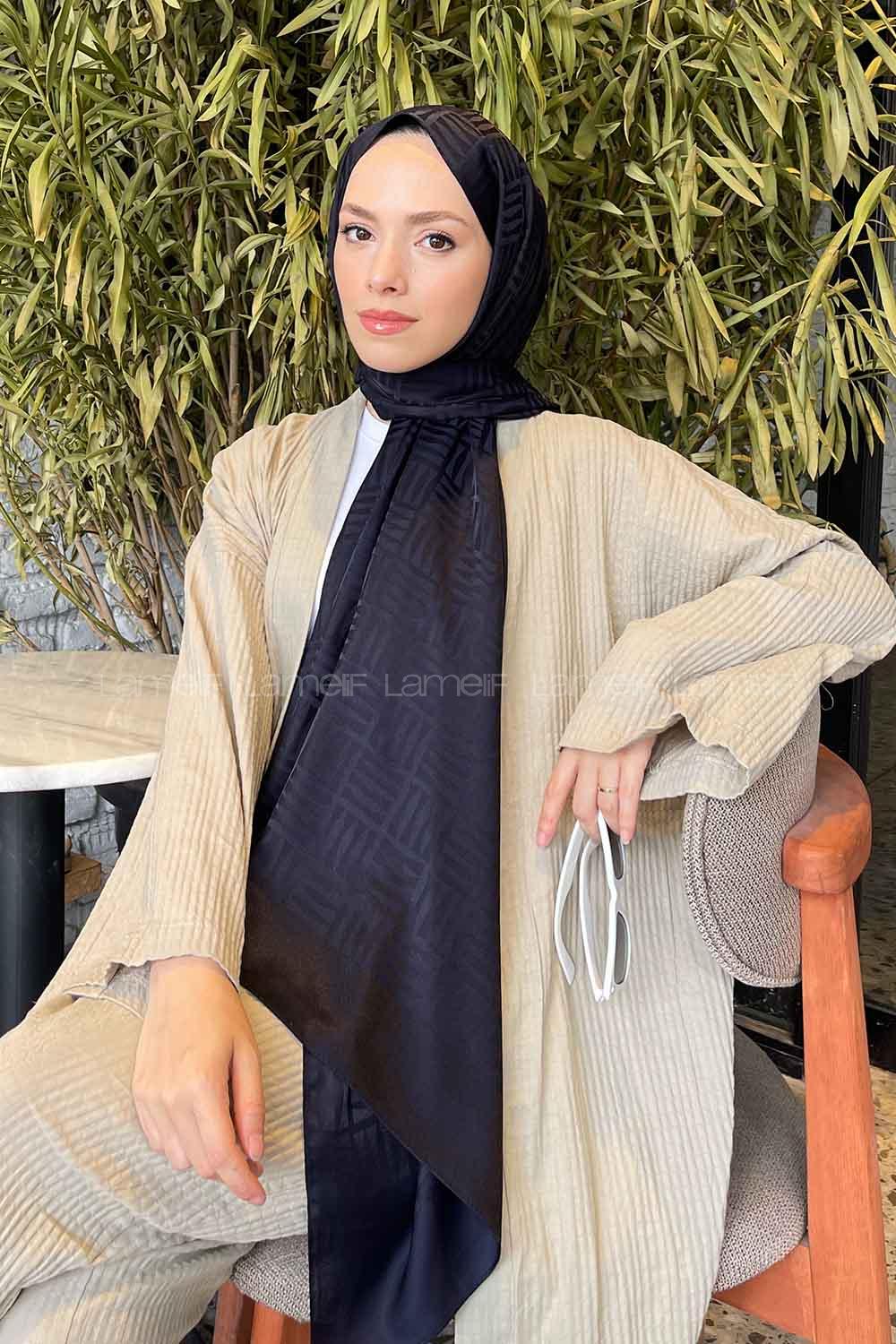 Lamelif Kibrit Desen Jakar Şal Lacivert