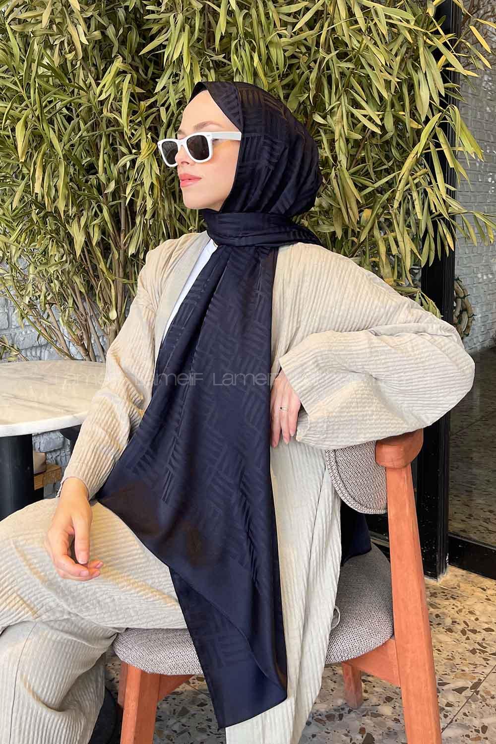 Lamelif Kibrit Desen Jakar Şal Lacivert