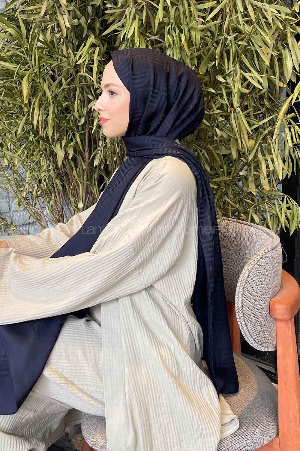 Lamelif Kibrit Desen Jakar Şal Lacivert