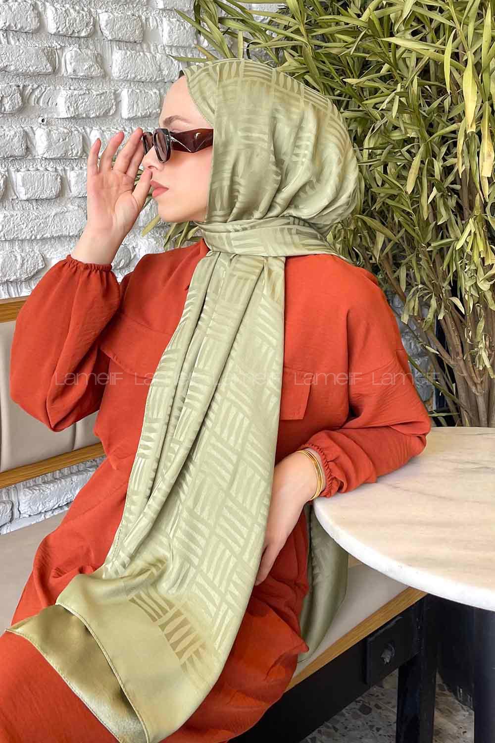 Lamelif Kibrit Desen Jakar Şal Mint Yeşili