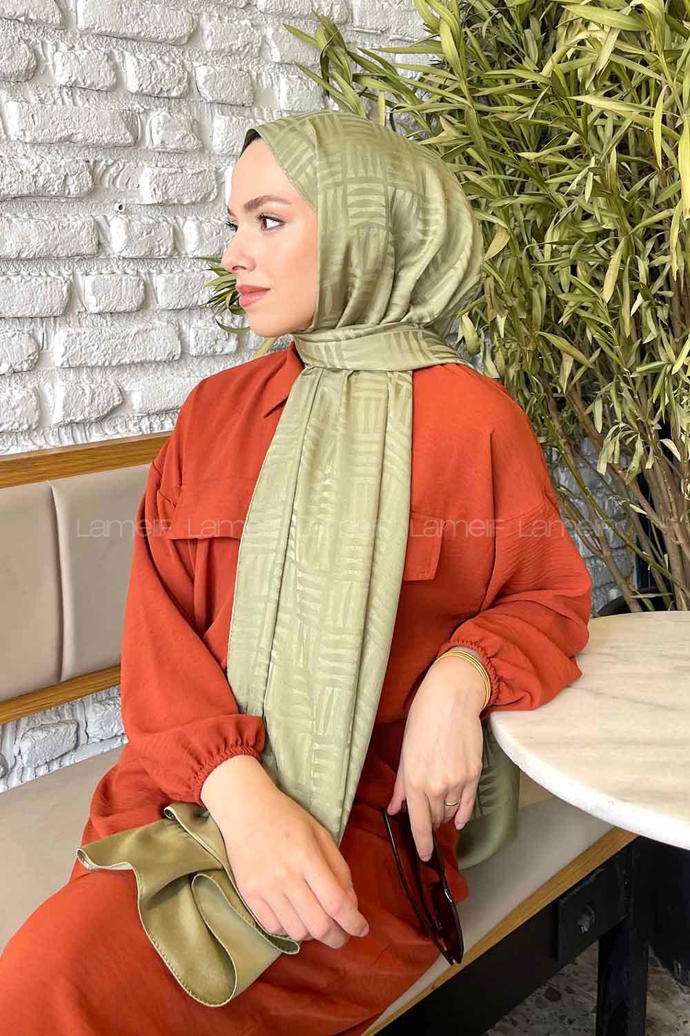 Lamelif Kibrit Desen Jakar Şal Mint Yeşili