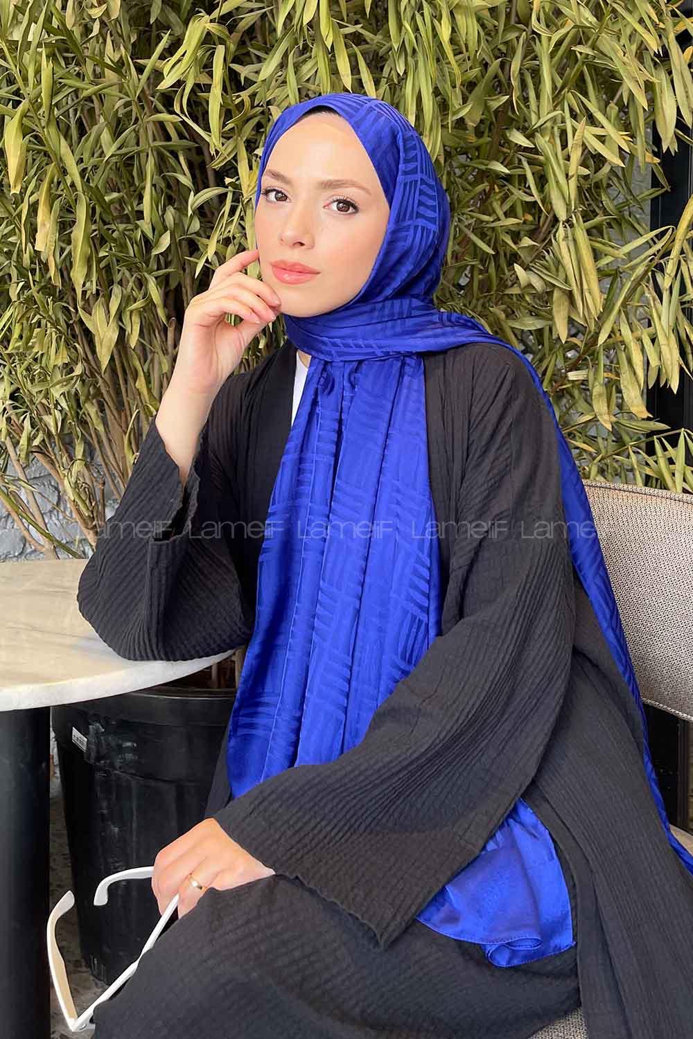 Lamelif Kibrit Desen Jakar Şal Saks Mavisi