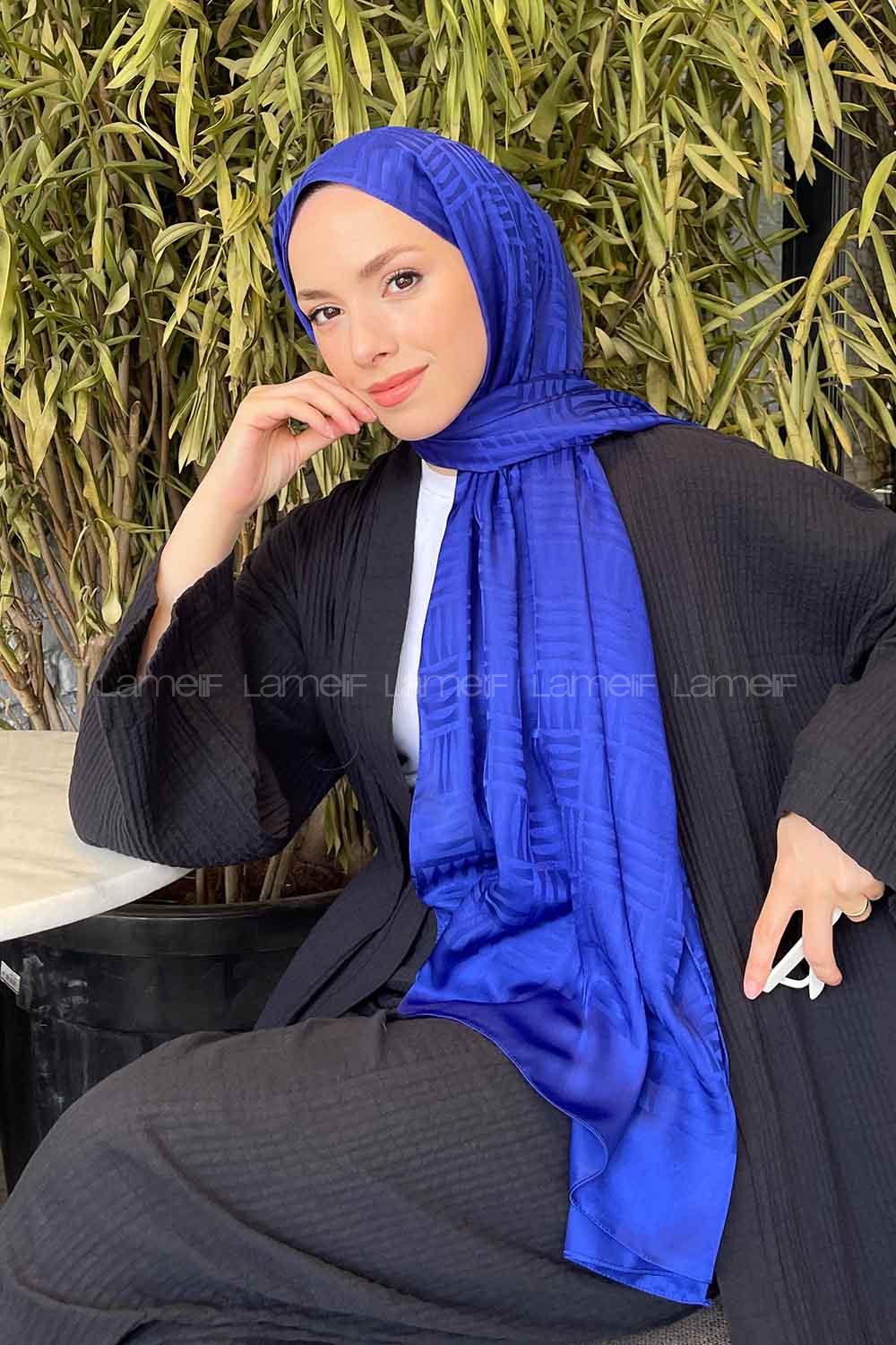 Lamelif Kibrit Desen Jakar Şal Saks Mavisi