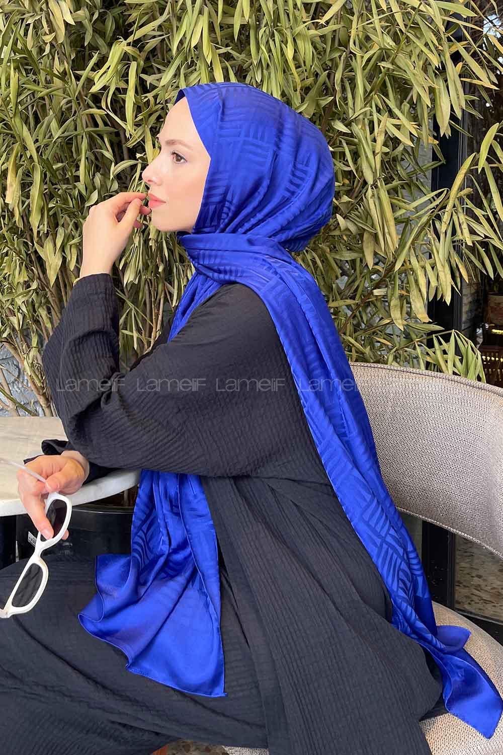 Lamelif Kibrit Desen Jakar Şal Saks Mavisi