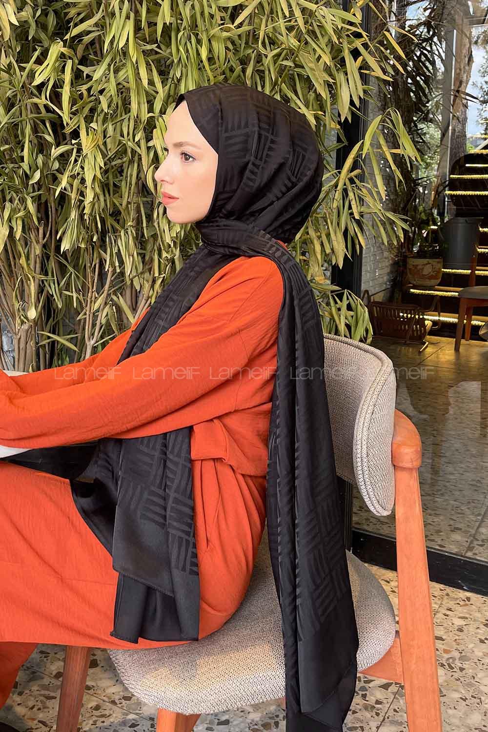 Lamelif Kibrit Desen Jakar Şal Siyah