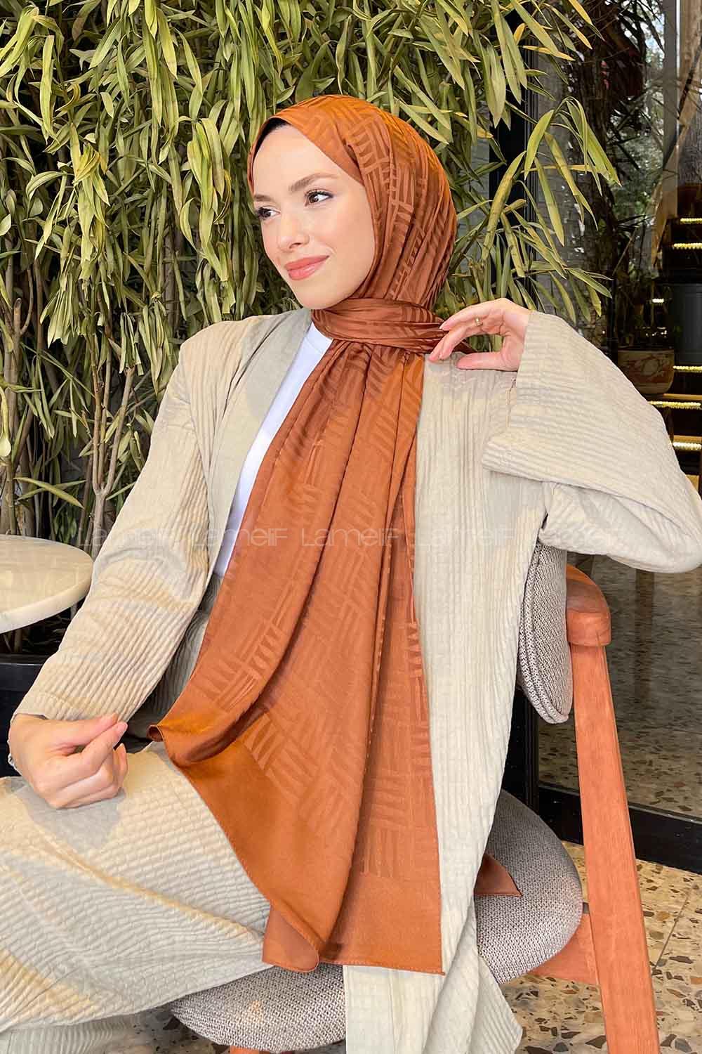 Lamelif Kibrit Desen Jakar Şal Sütlü Kahve