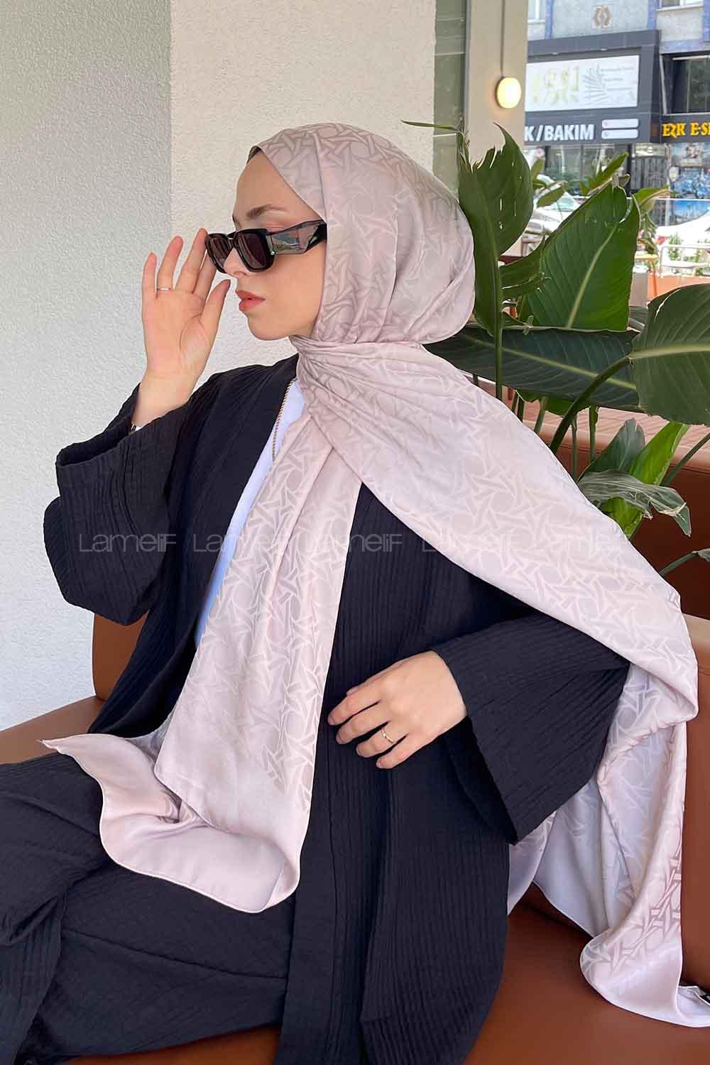 Lamelif Porto Desen Jakar Şal Açık Vizon