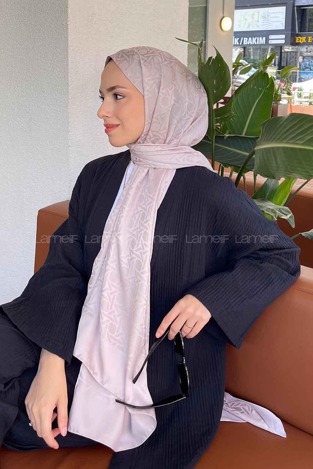 Lamelif Porto Desen Jakar Şal Açık Vizon