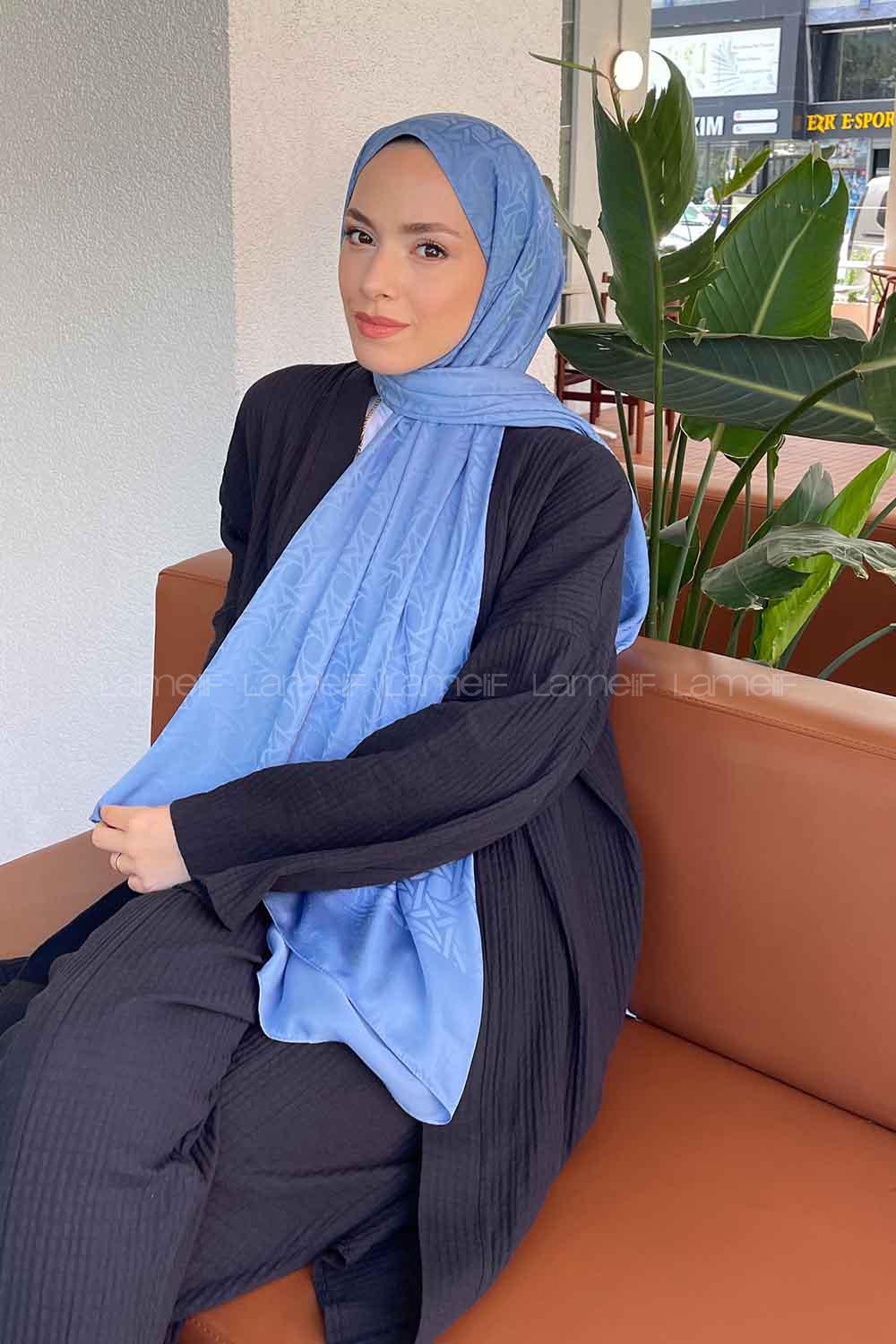 Lamelif Porto Desen Jakar Şal Kot Mavisi