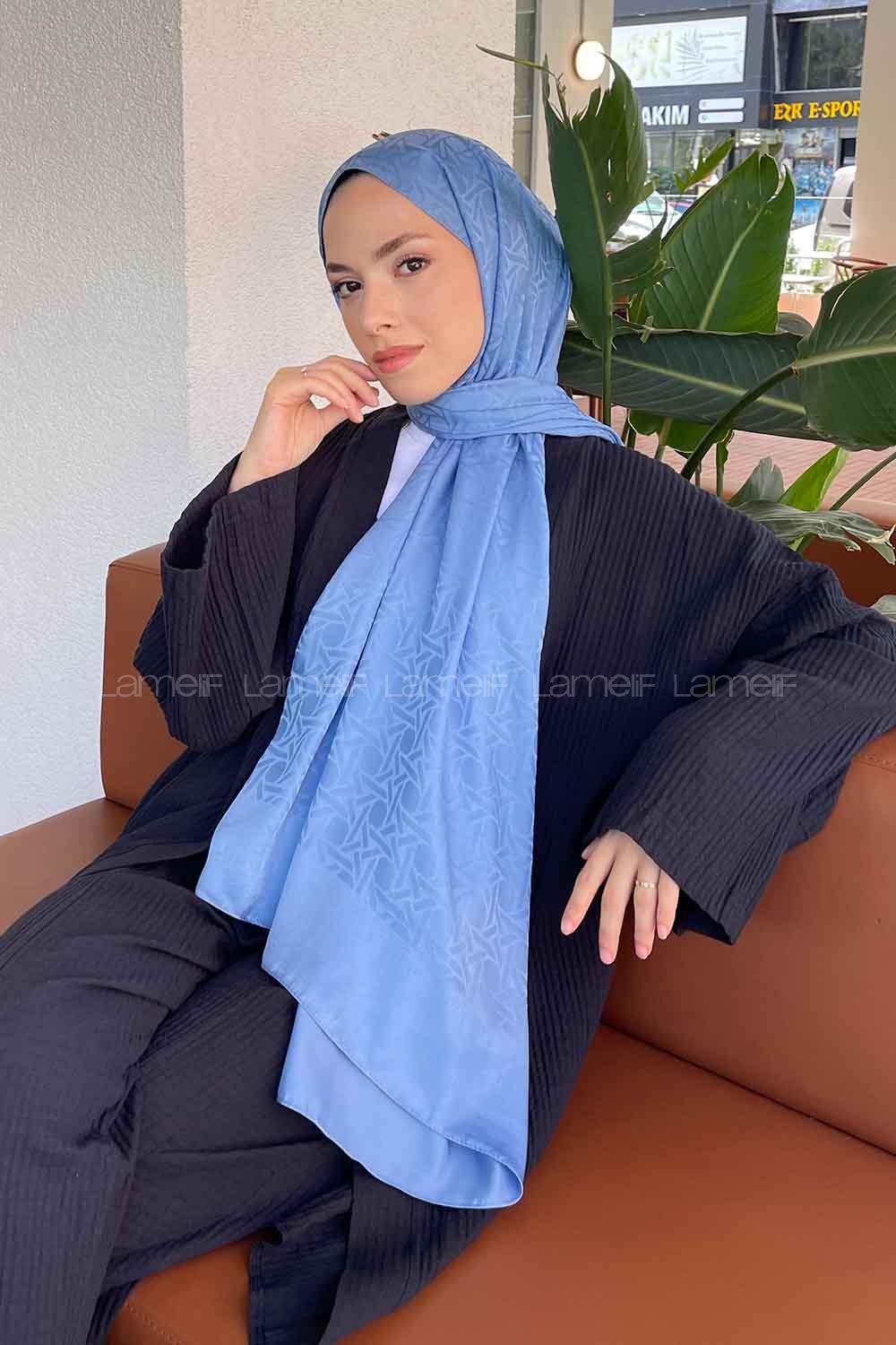 Lamelif Porto Desen Jakar Şal Kot Mavisi