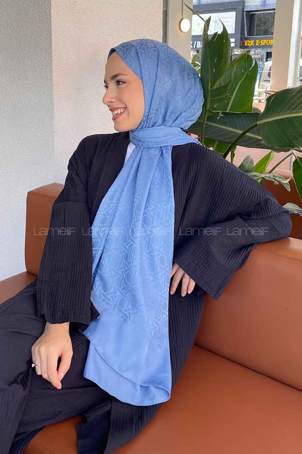 Lamelif Porto Desen Jakar Şal Kot Mavisi