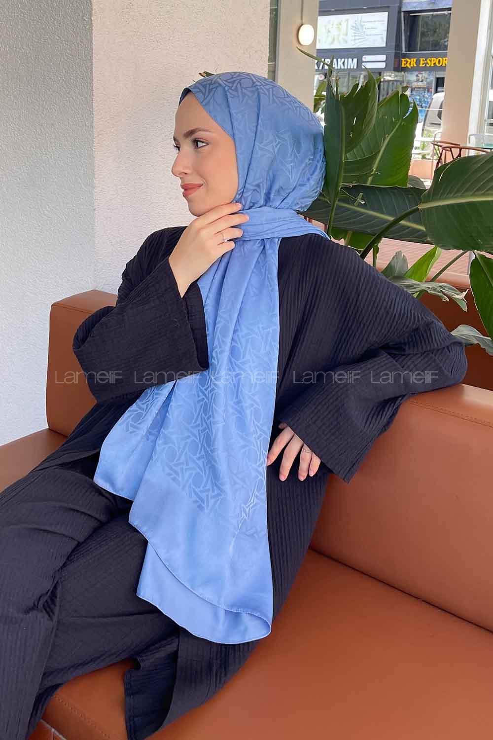 Lamelif Porto Desen Jakar Şal Kot Mavisi