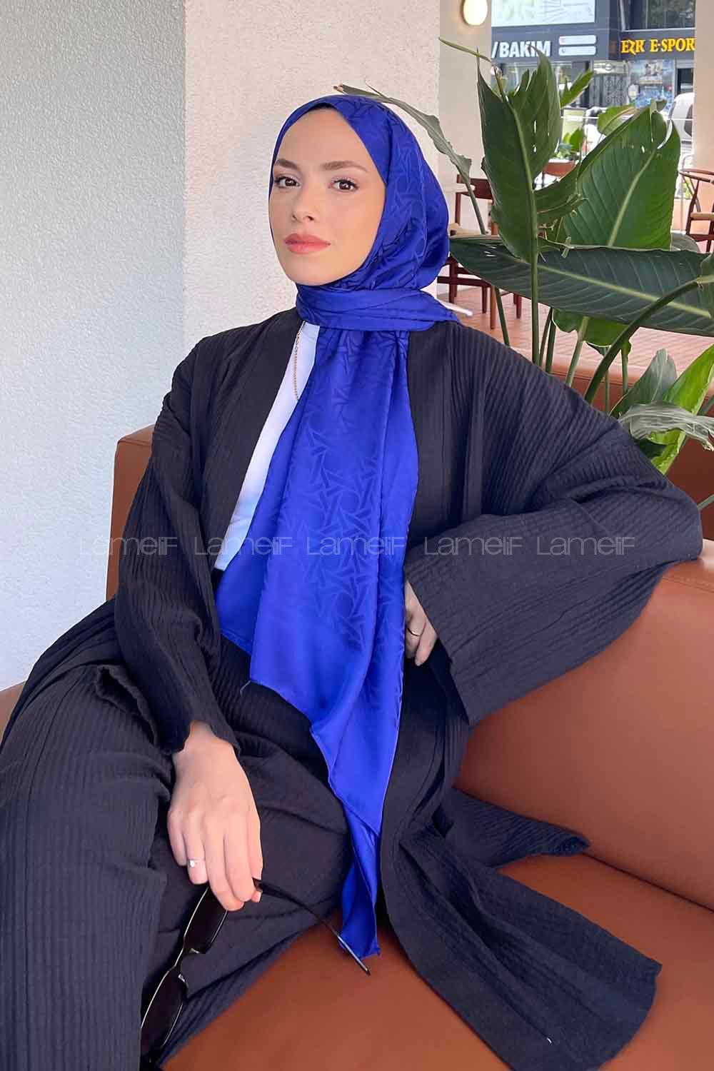 Lamelif Porto Desen Jakar Şal Saks Mavisi