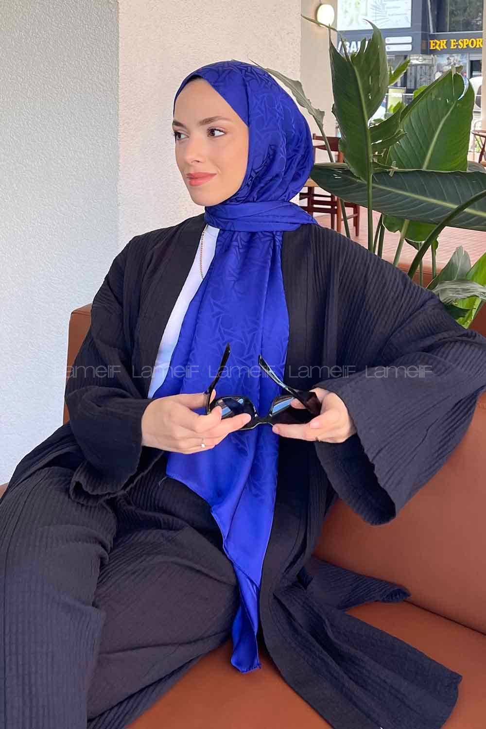 Lamelif Porto Desen Jakar Şal Saks Mavisi