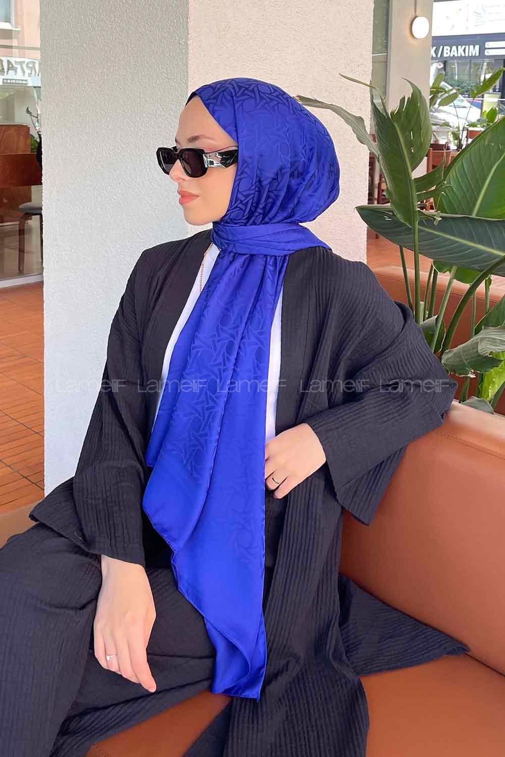 Lamelif Porto Desen Jakar Şal Saks Mavisi