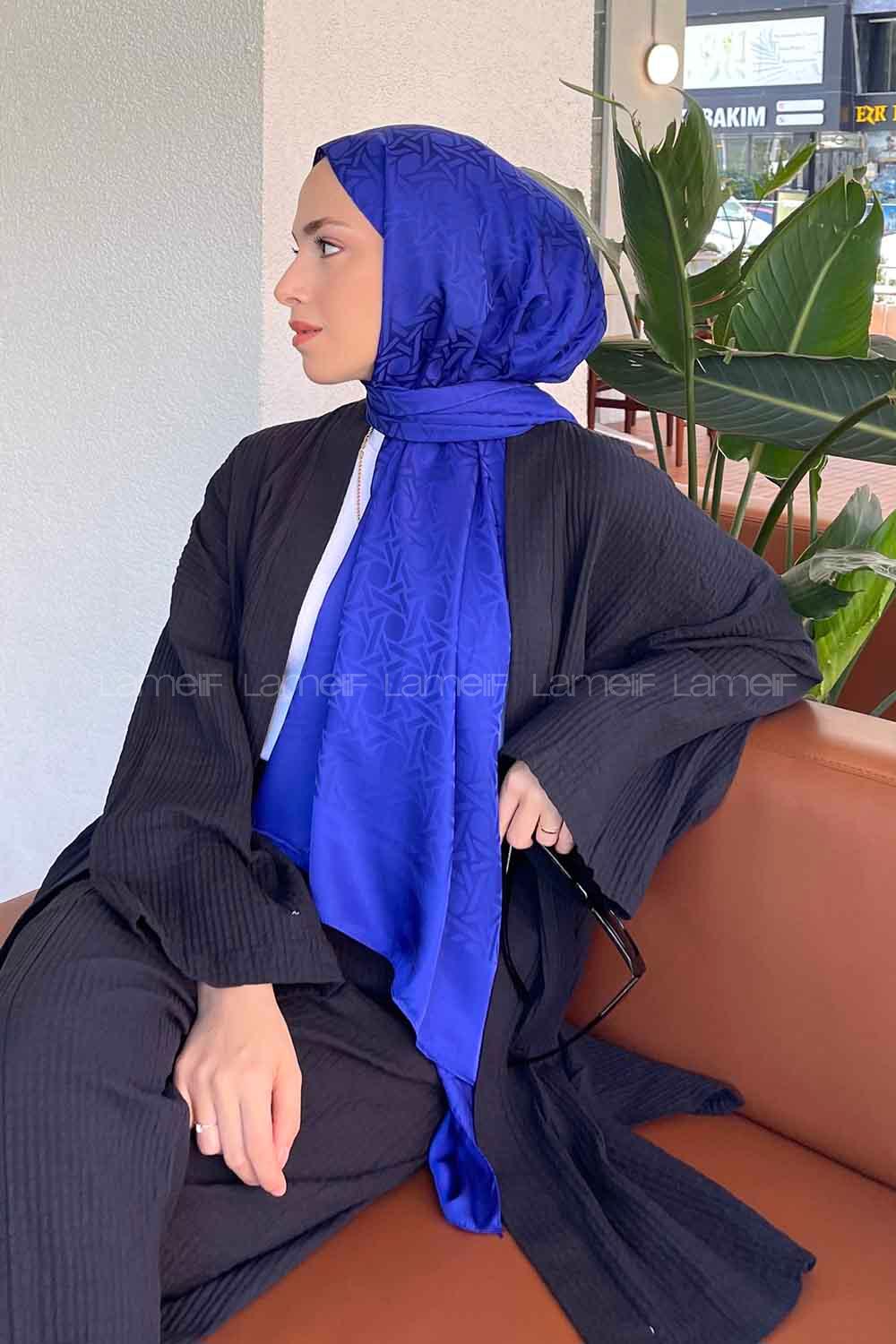 Lamelif Porto Desen Jakar Şal Saks Mavisi