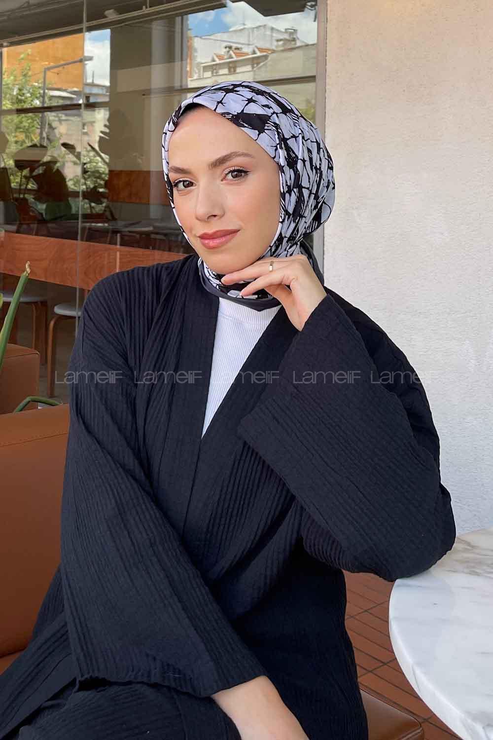 Lamelif Ebru Desen Soft Pamuk Eşarp Beyaz-Siyah