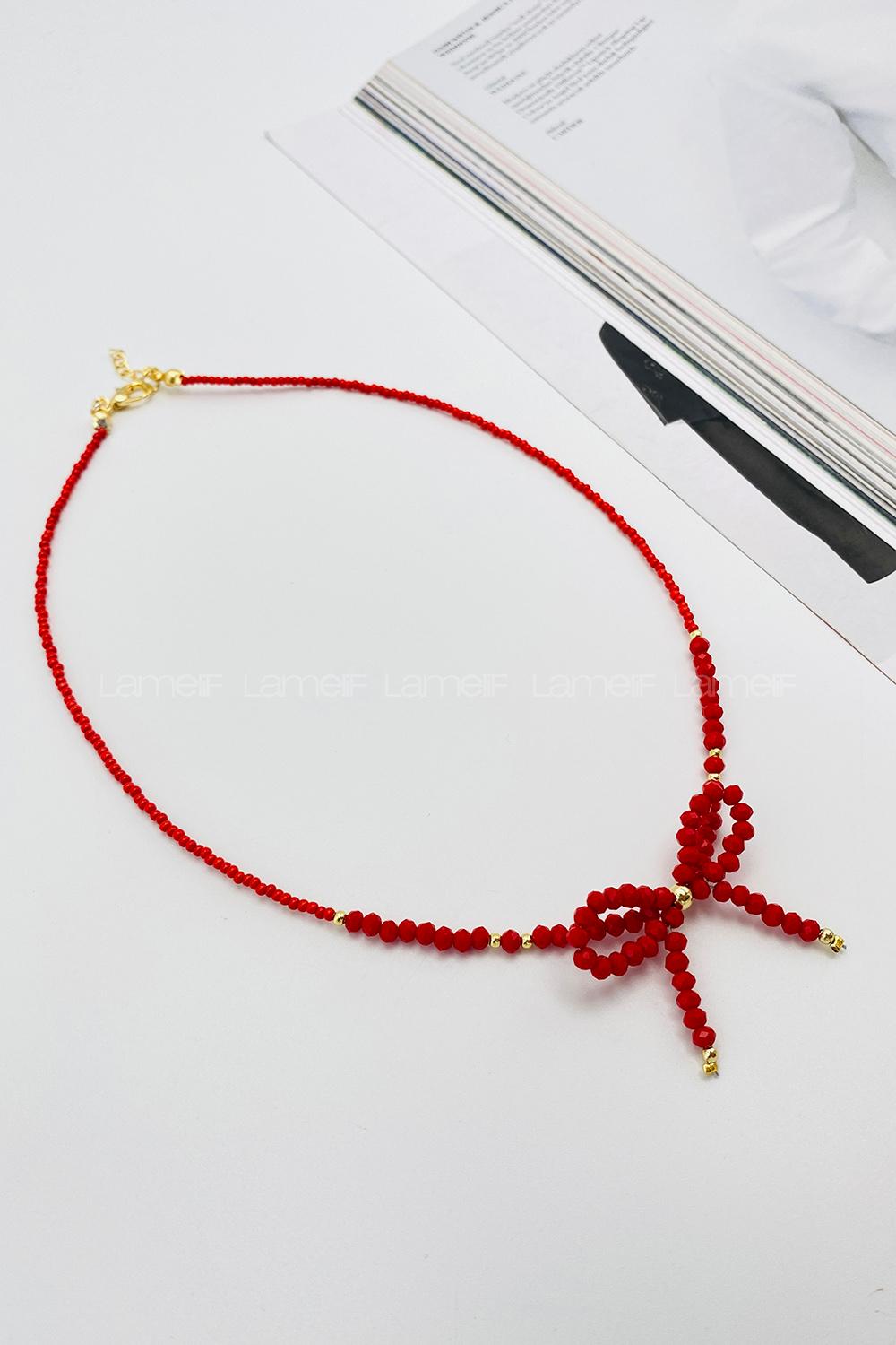 Lamelif Kırmızı Boncuklu Kurdele Kolye