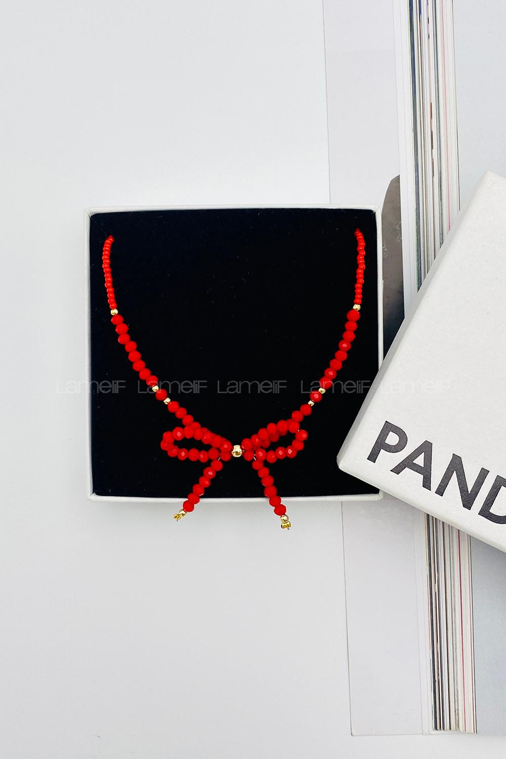 Lamelif Kırmızı Boncuklu Kurdele Kolye