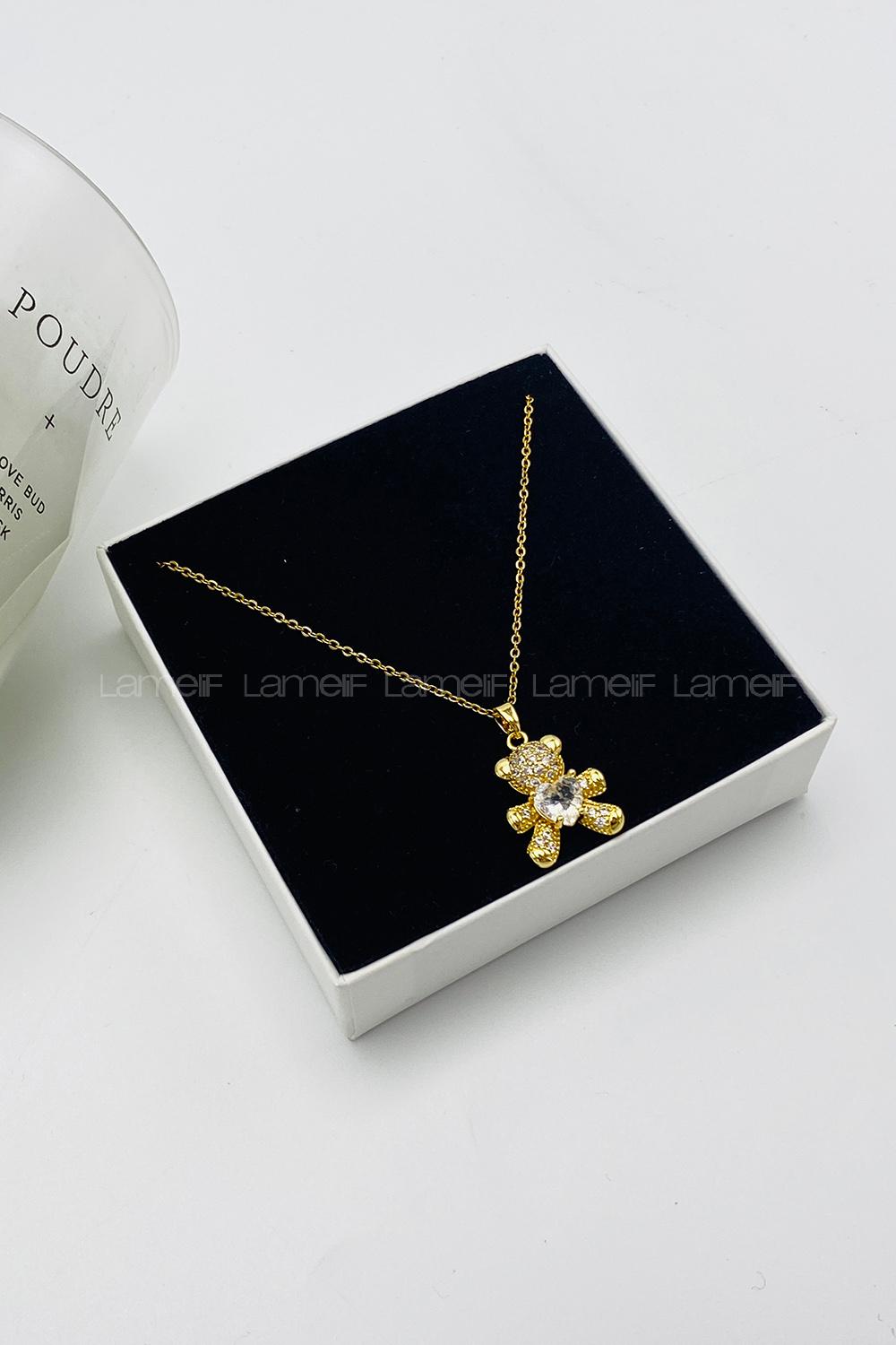 Lamelif Gold 925 Ayar Paslanmaz Çelik Beyaz Taşlı Ayıcık Kolye