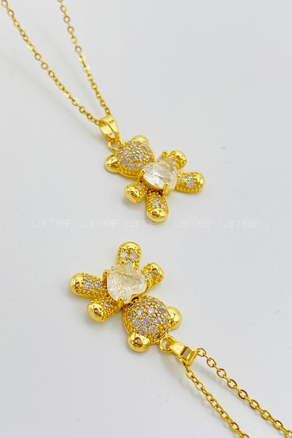 Lamelif Gold 925 Ayar Paslanmaz Çelik Beyaz Taşlı Ayıcık Kolye