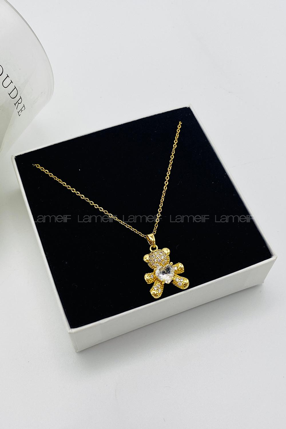 Lamelif Gold 925 Ayar Paslanmaz Çelik Beyaz Taşlı Ayıcık Kolye