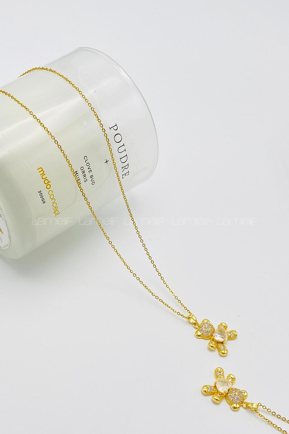 Lamelif Gold 925 Ayar Paslanmaz Çelik Beyaz Taşlı Ayıcık Kolye