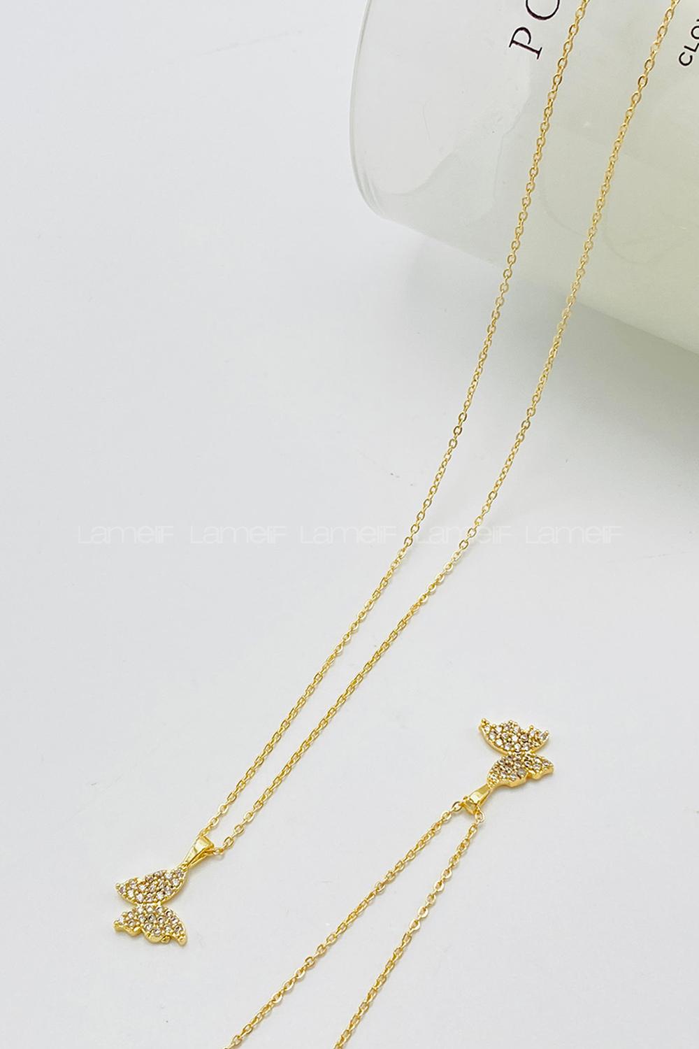 Lamelif Gold Kristal Taşlı Kelebek Zirkon Kolye