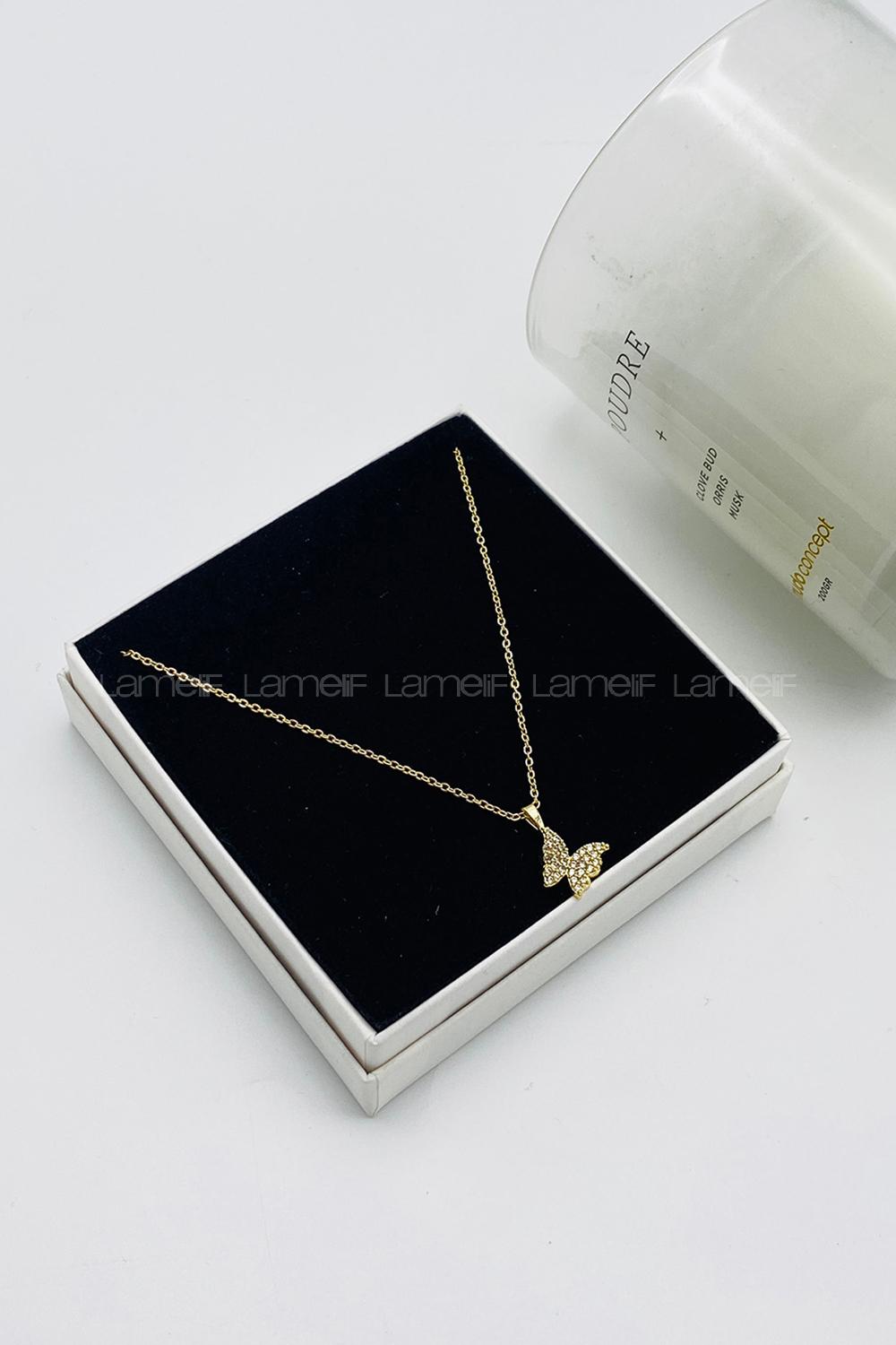 Lamelif Gold Kristal Taşlı Kelebek Zirkon Kolye