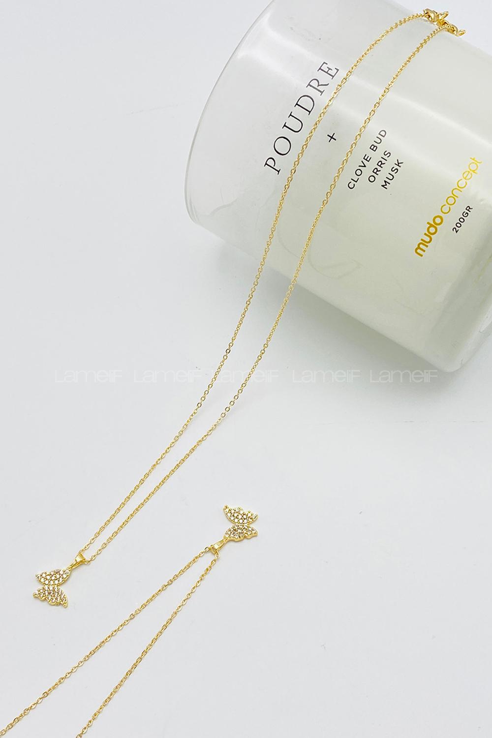 Lamelif Gold Kristal Taşlı Kelebek Zirkon Kolye