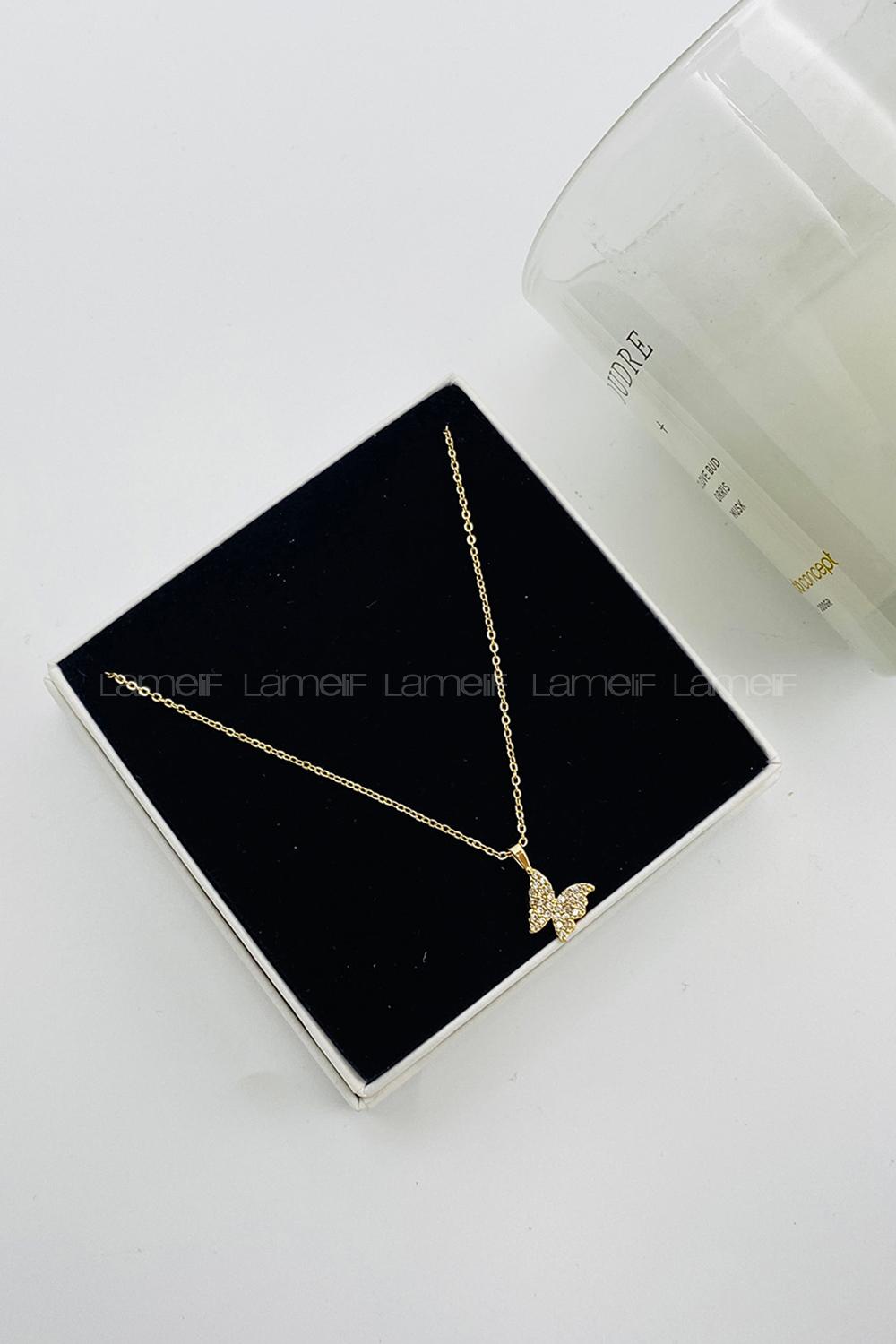 Lamelif Gold Kristal Taşlı Kelebek Zirkon Kolye