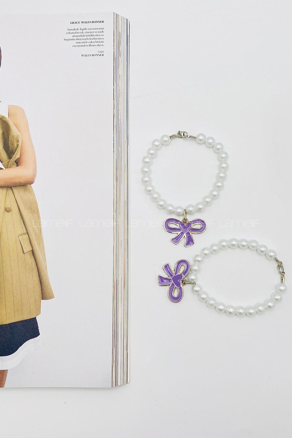 Lamelif İncili Mor Kurdele Charmlı Bileklik