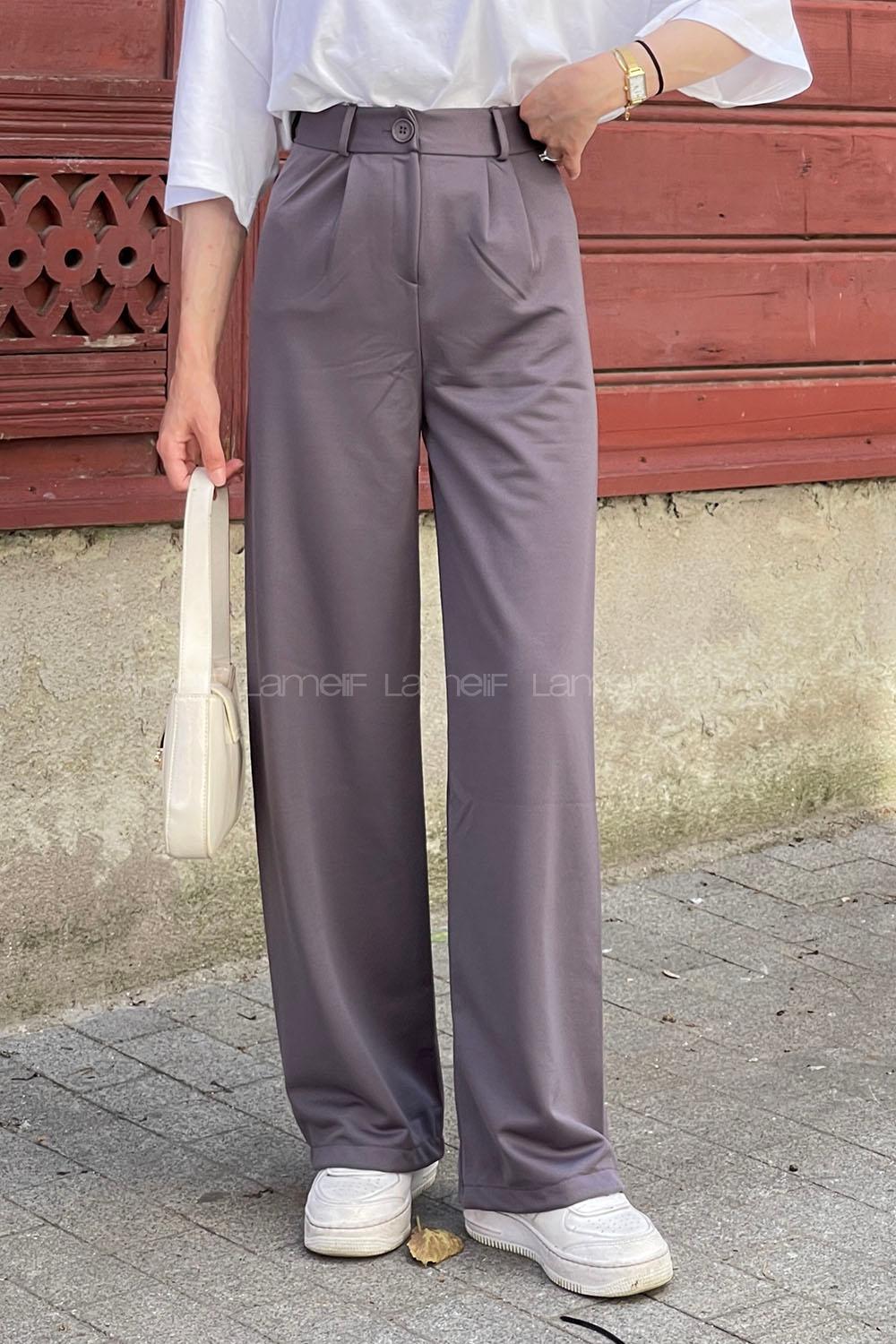 Lamelif Çift Pensli Bol Paça Pantolon Füme