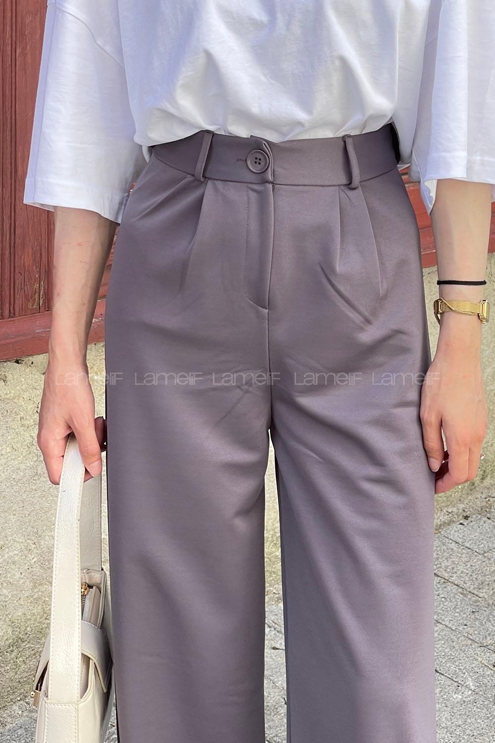 Lamelif Çift Pensli Bol Paça Pantolon Füme