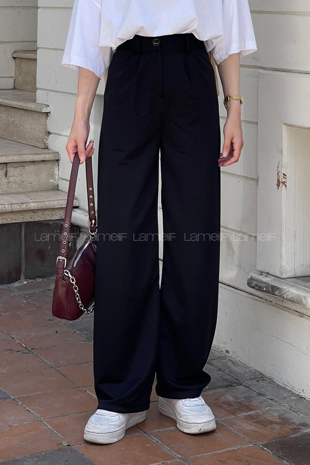 Lamelif Çift Pensli Bol Paça Pantolon Siyah