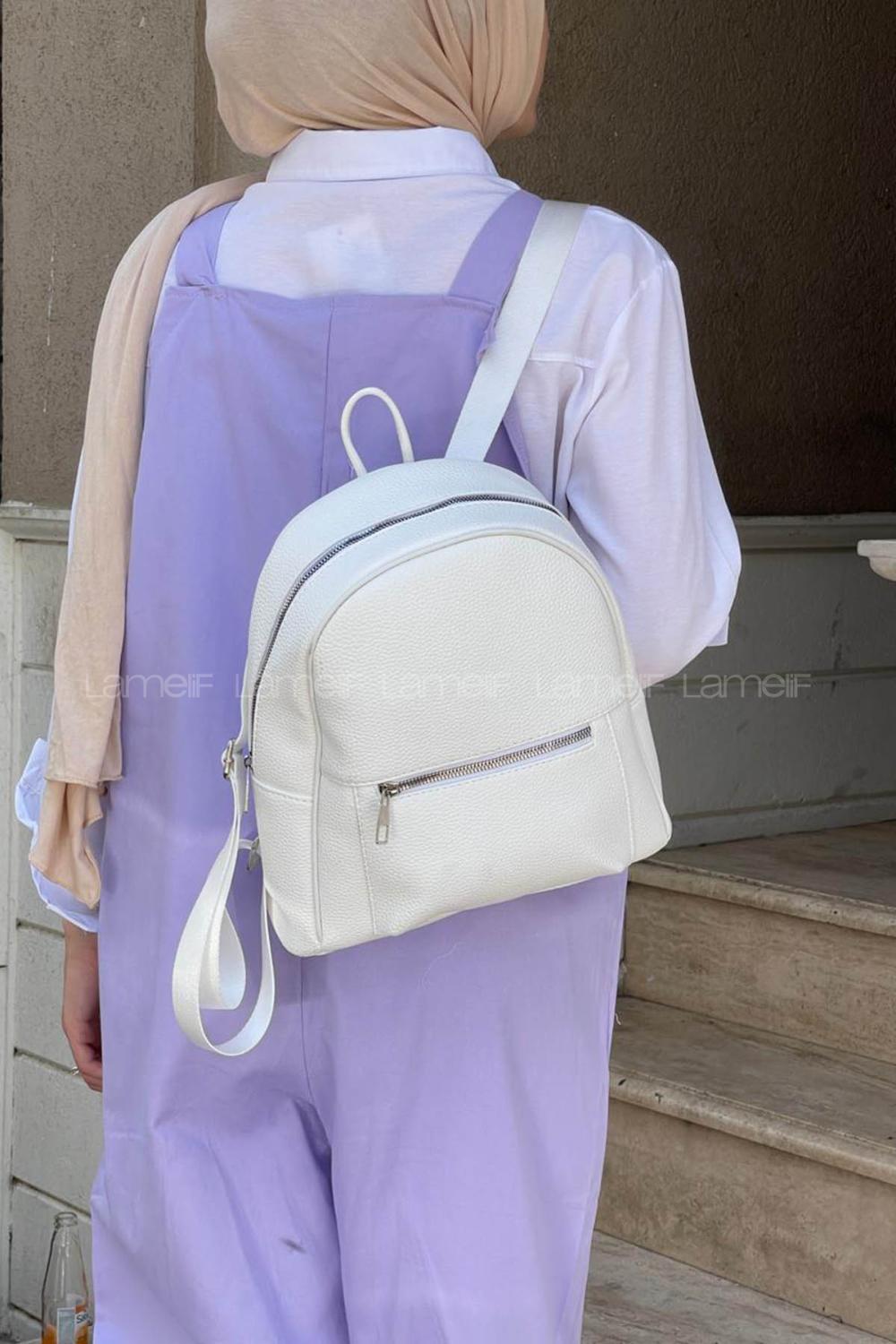 Lamelif İki Gözlü Suni Deri Sırt Çantası Beyaz