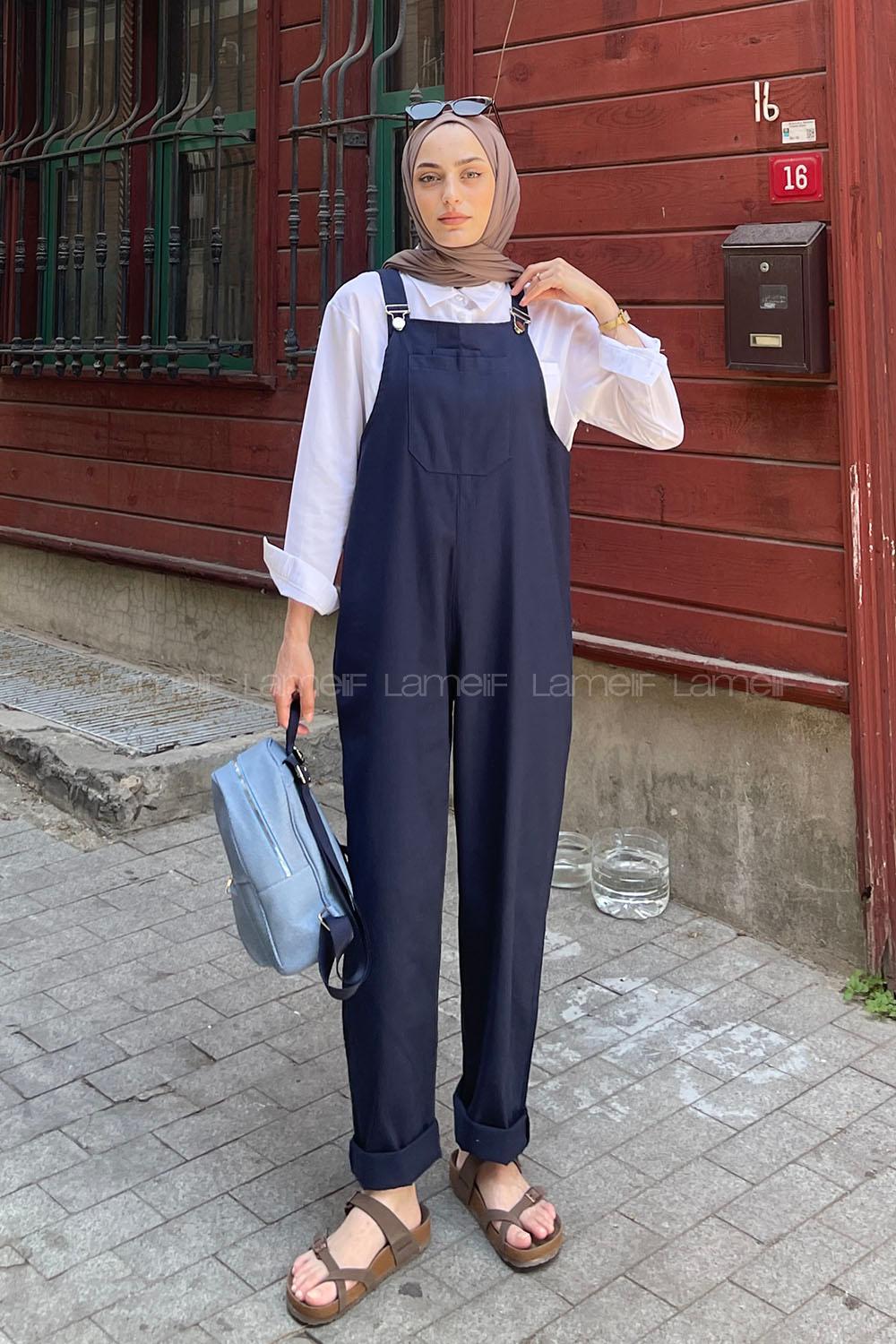 Modalamelif Önü Cepli Kanguru Tulum Lacivert