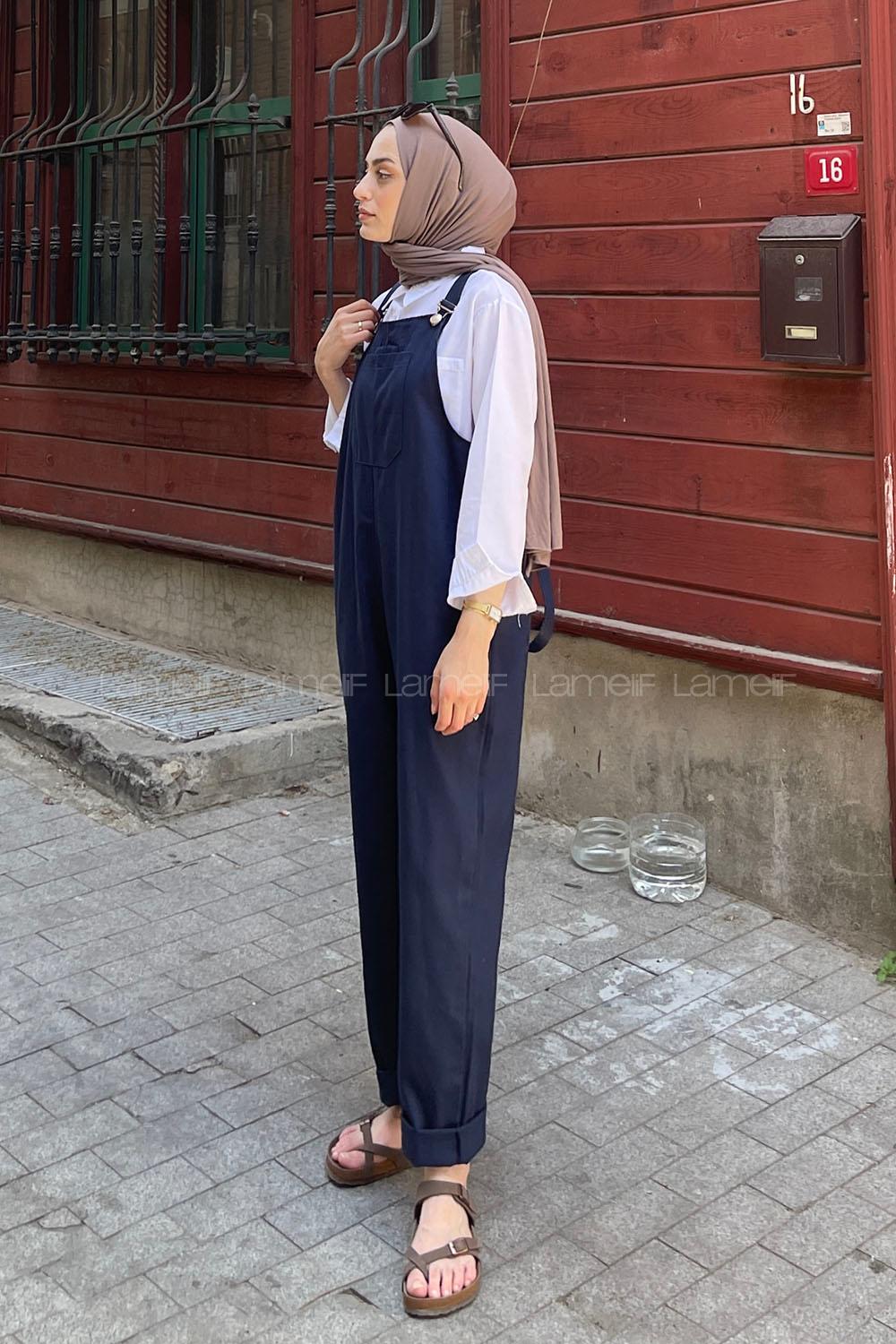 Modalamelif Önü Cepli Kanguru Tulum Lacivert