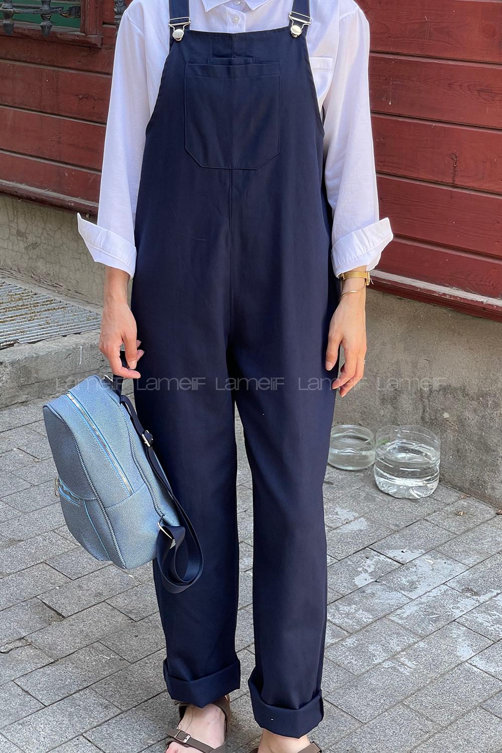 Modalamelif Önü Cepli Kanguru Tulum Lacivert