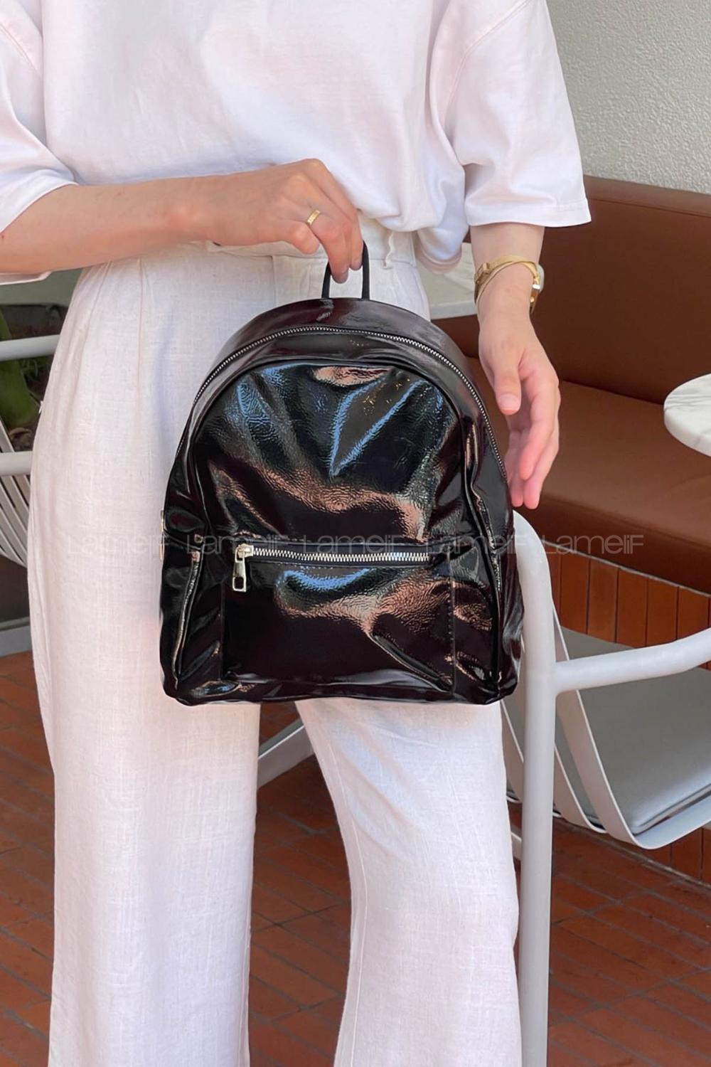 Lamelif İki Gözlü Deri Görünümlü Sırt Çantası Parlak Siyah