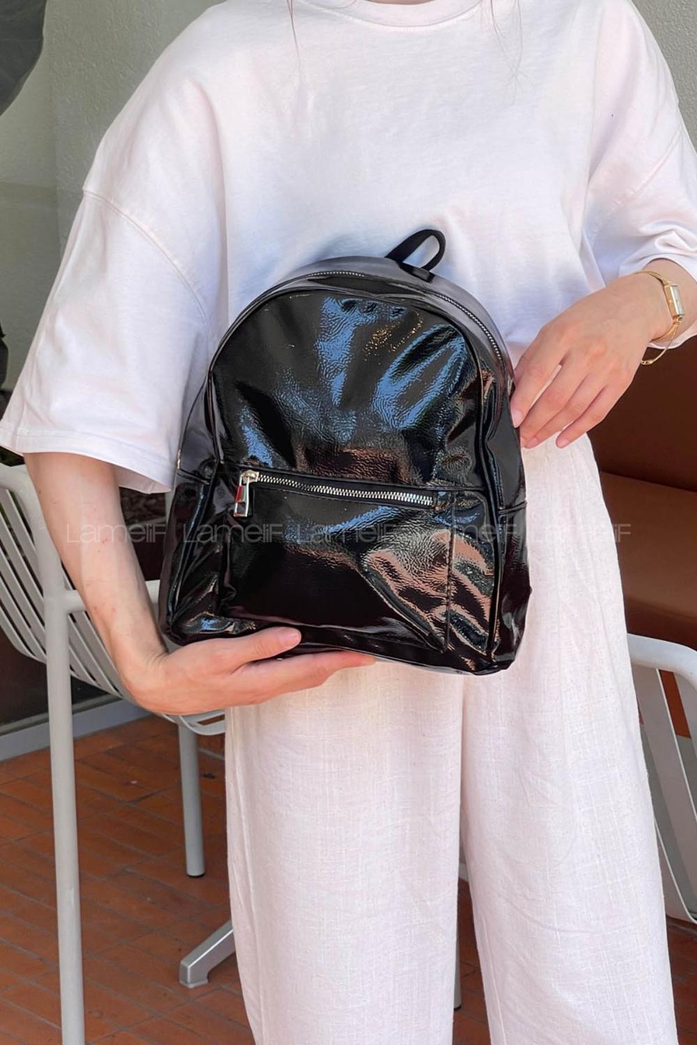 Lamelif İki Gözlü Deri Görünümlü Sırt Çantası Parlak Siyah