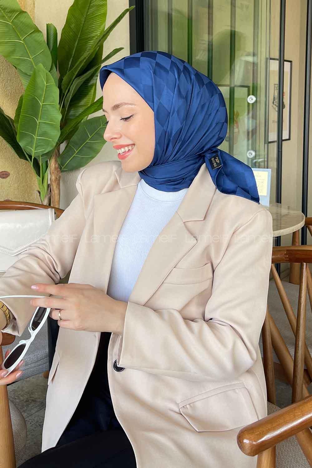 Lamelif Dama Desen Jakar Eşarp Gece Mavisi