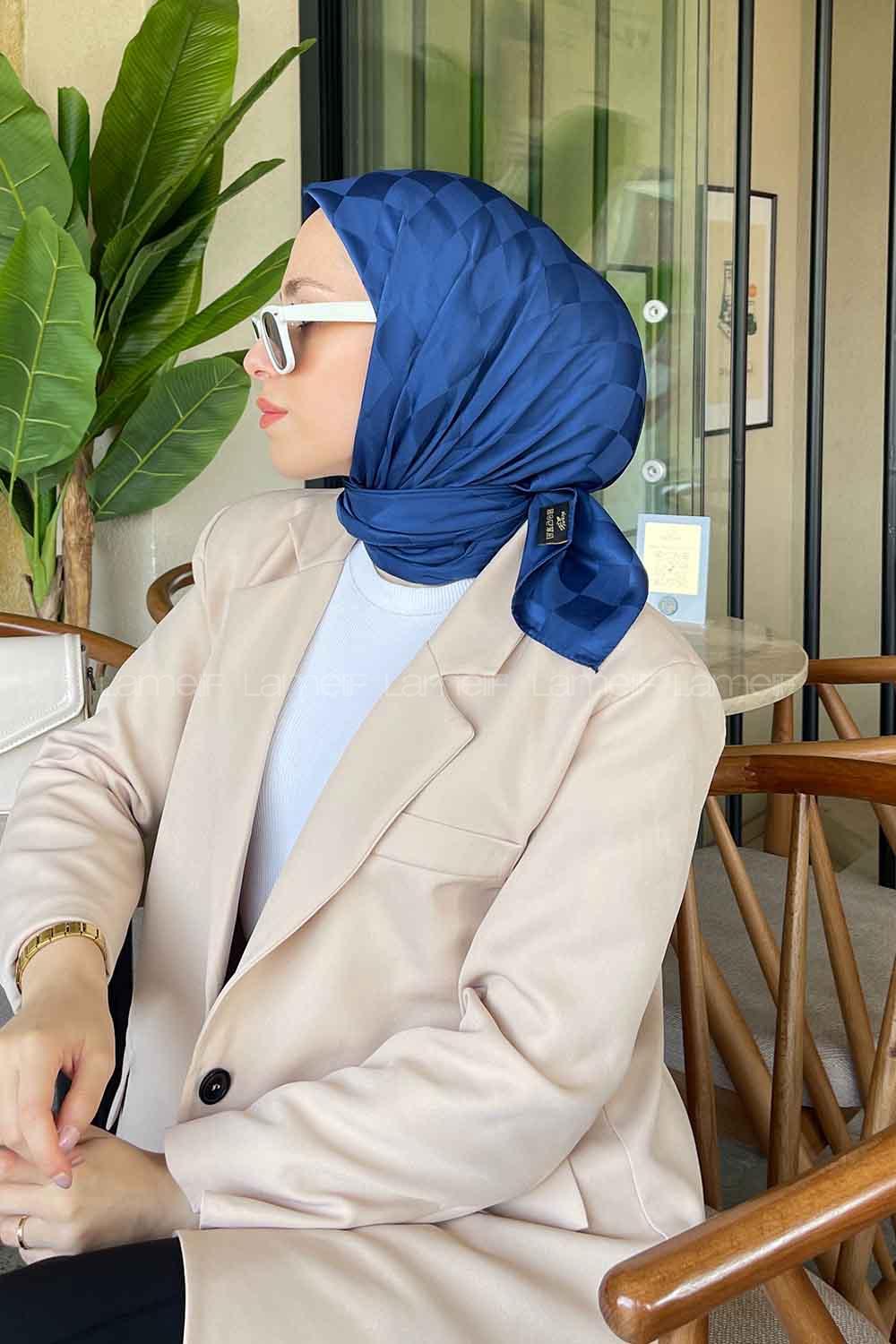 Lamelif Dama Desen Jakar Eşarp Gece Mavisi