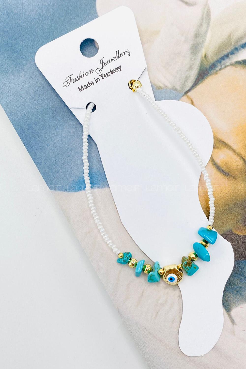 Lamelif Beyaz Boncuklu Turkuaz Doğal Taşlı Halhal